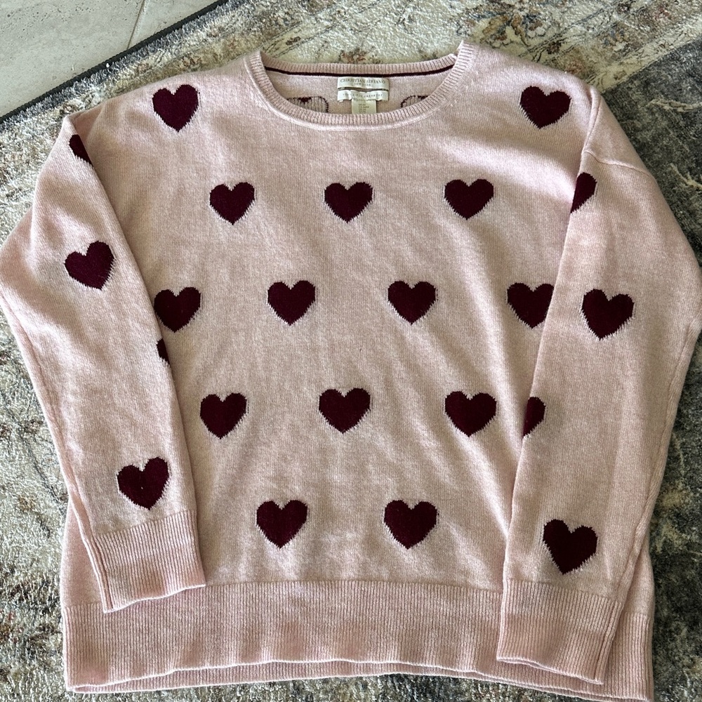 Christian Siriano Cashmere Pink Crewneck Sweater with Burgundy Heart Motif